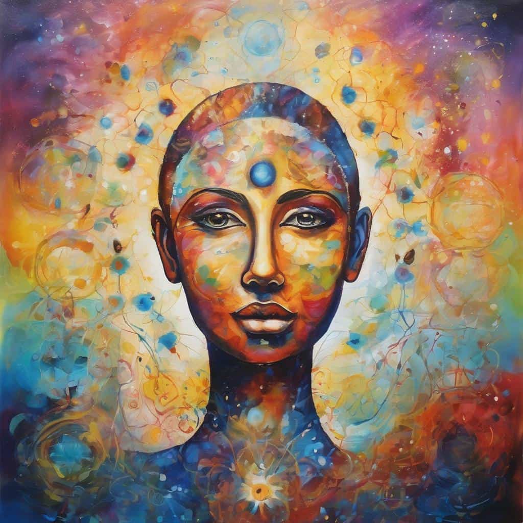 Αλτική εικόνα με αφηρημένο πορτρέτο γυναίκας, διαλογισμό και νοητική εξέλιξη, ιδανική για θετικές σκέψεις και αυτοβελτίωση.