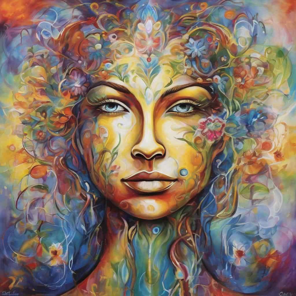 Ανθρώπινο πρόσωπο με φανταστικό, πολύχρωμο και αφηρημένο σχέδιο.