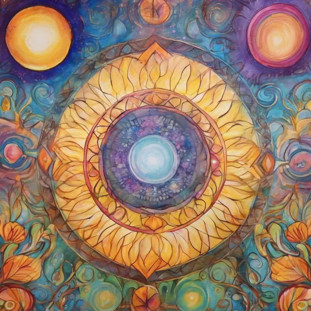 Εικόνα με πολύχρωμο αφηρημένο σχέδιο και φωτεινά φώτα, εμπνευσμένο από τη δύναμη της σκέψης για αλλαγή ζωής.