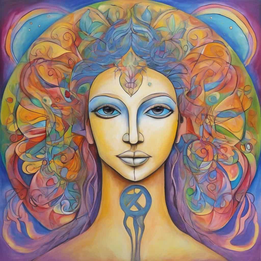 Πρόσωπο με πολύχρωμα αφηρημένα μαλλιά και θετική ενέργεια, σύγχρονη τέχνη, εσωτερική ηρεμία, αυτο-ανάπτυξη, πνευματική αφύπνιση, θετική σκέψη.