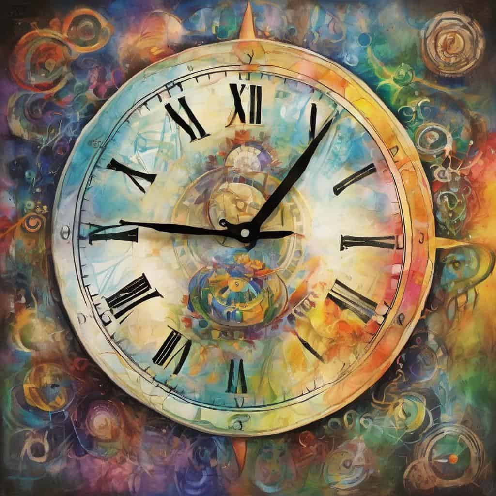 Χρονολογική τέχνη με ρολόι σε πολύχρωμο abstract φόντο, σύνδεση σκέψης και αλλαγής ζωής.